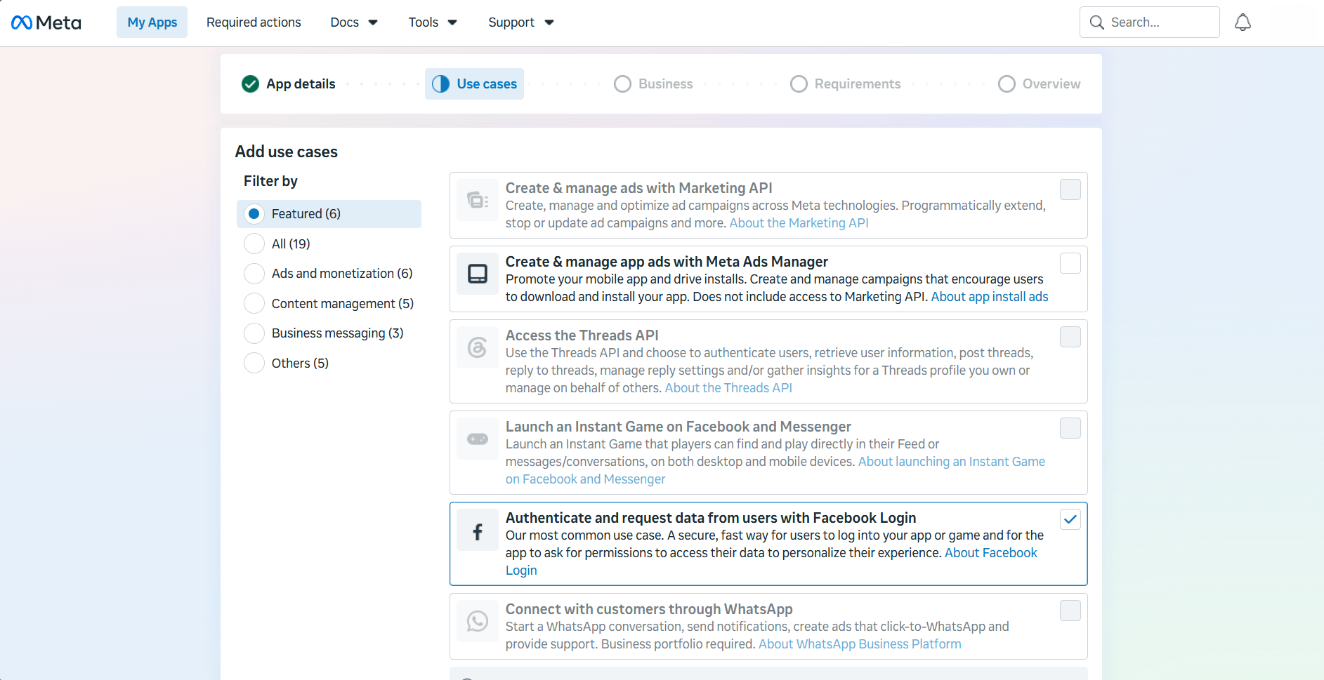 Meta Developer Portal Create App page showing the App details step with an App name field and App contact email field