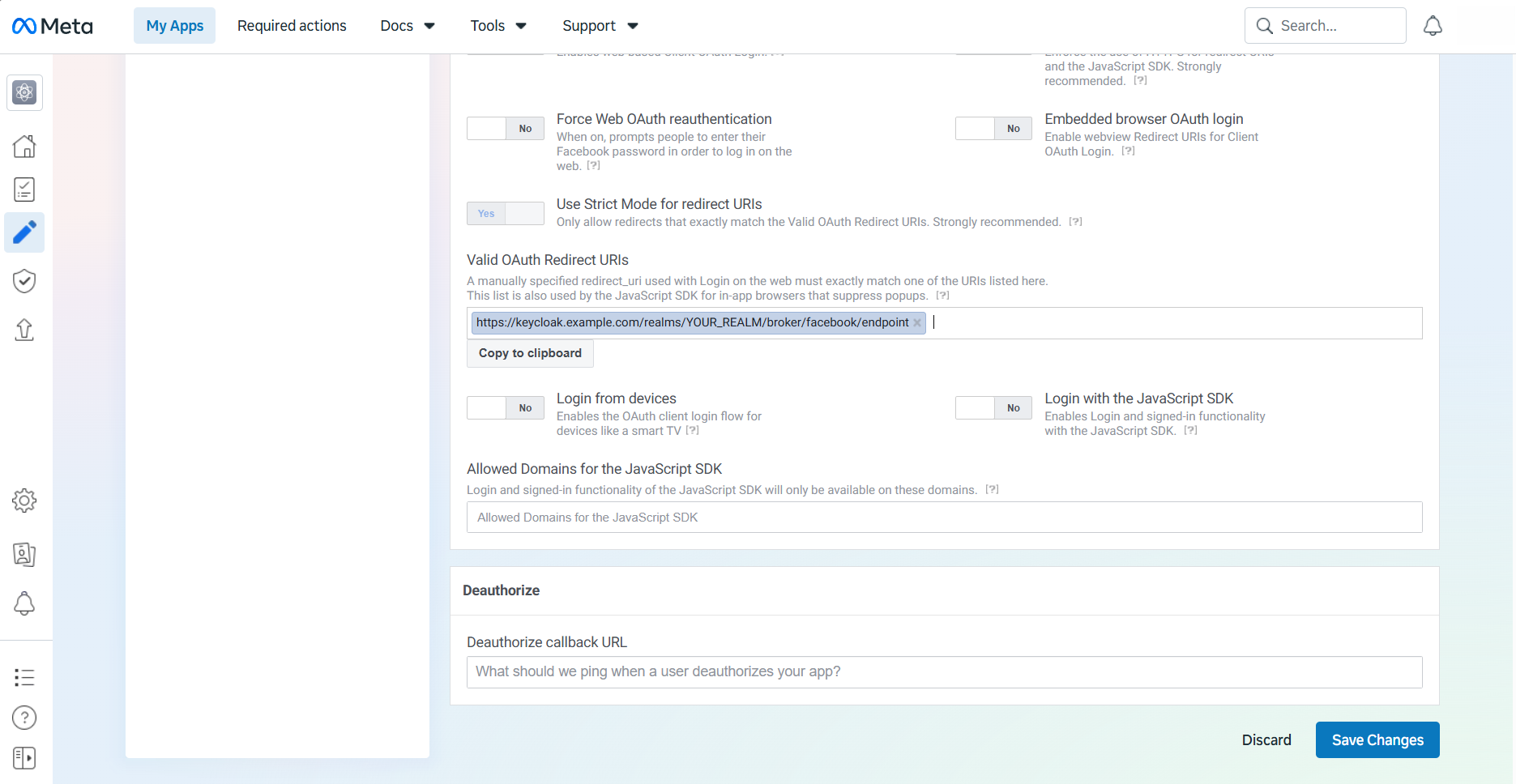 Meta Facebook Login Settings page showing the Valid OAuth Redirect URIs field with the Keycloak broker endpoint URL added