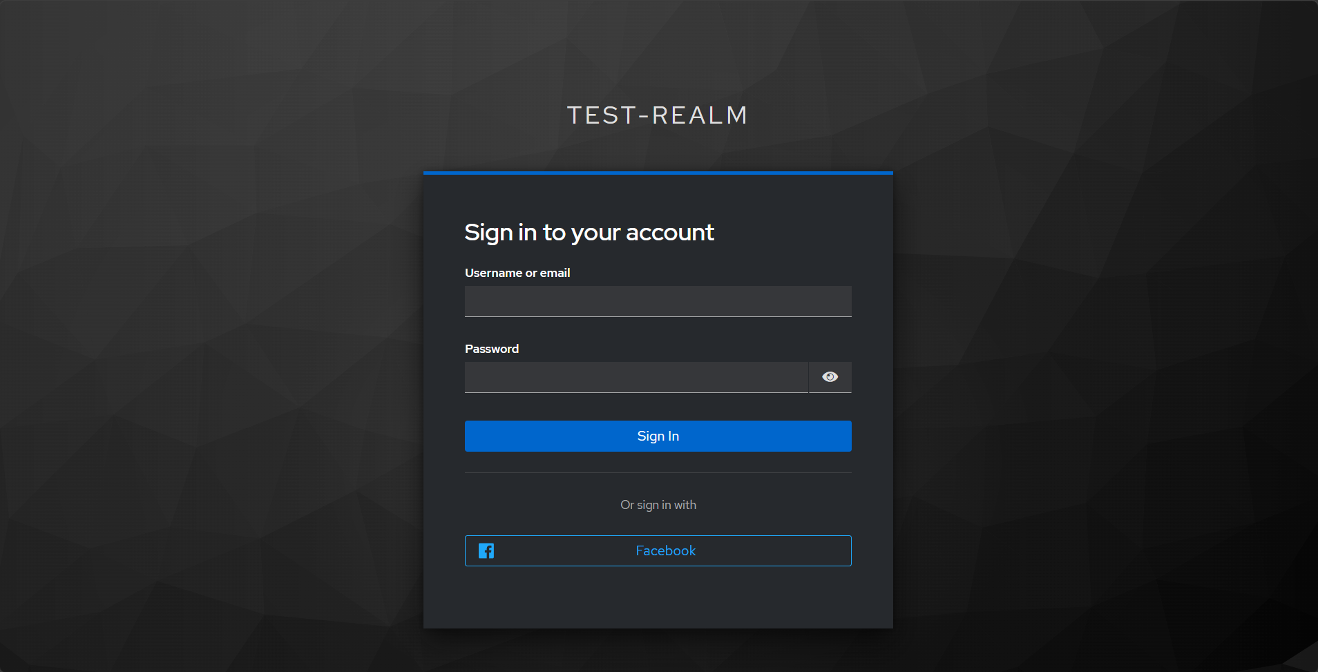 Keycloak login page showing the username and password form with a Continue with Facebook button below