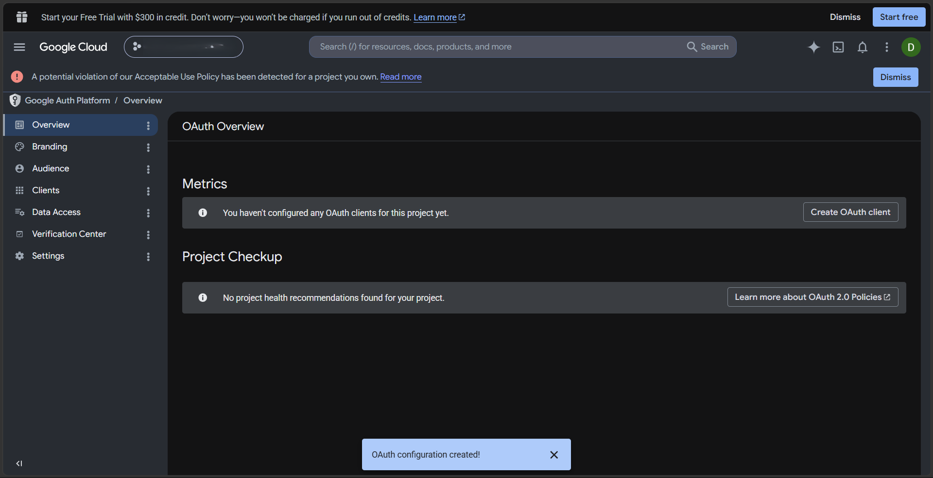 Google Cloud Console OAuth consent screen configuration page showing User Type selection between Internal and External, App name field, and User support email field