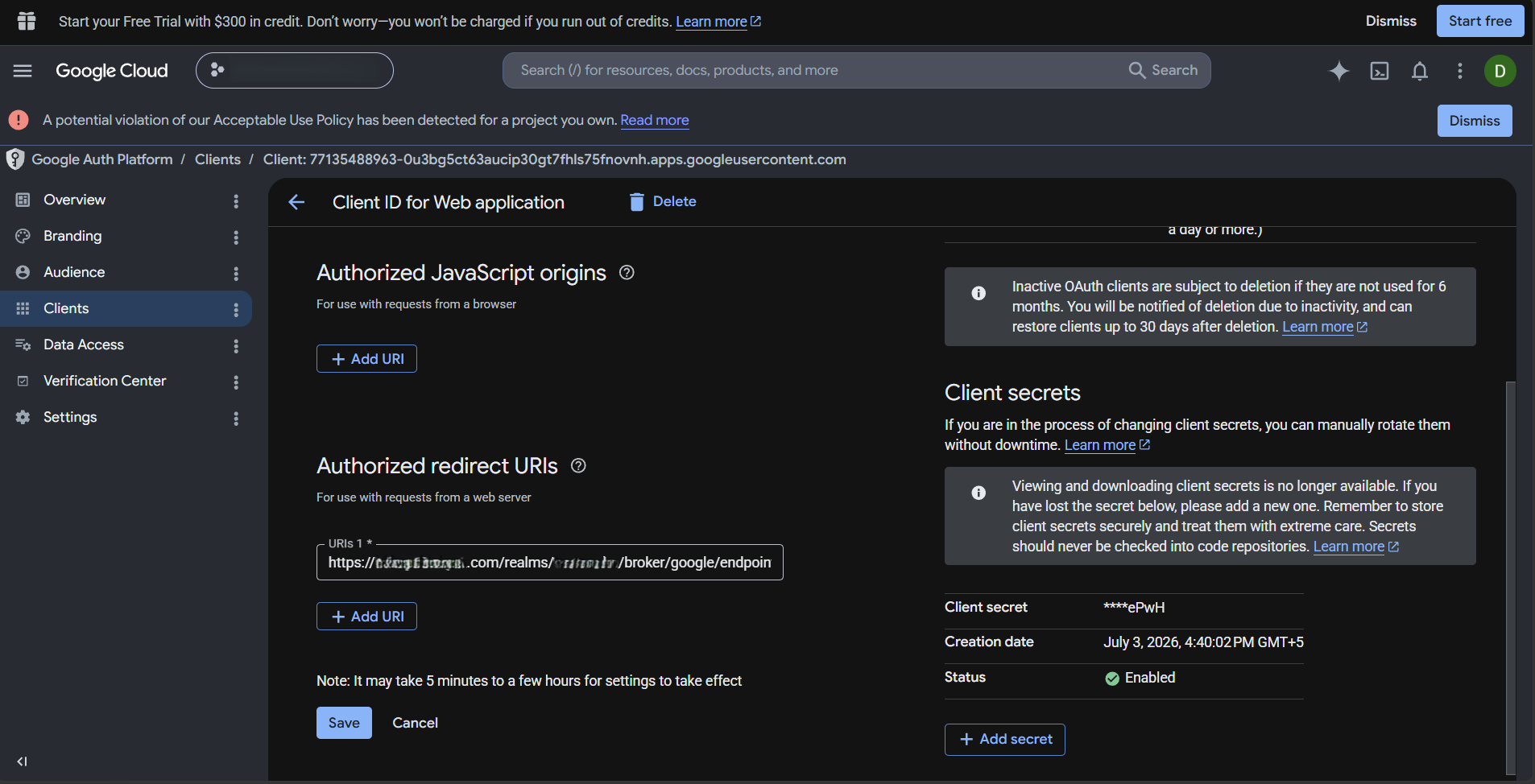 Google Cloud Console Create OAuth client ID page showing Web application type selected, a name field set to keycloak, and an Authorized redirect URIs field containing the Keycloak broker endpoint URL