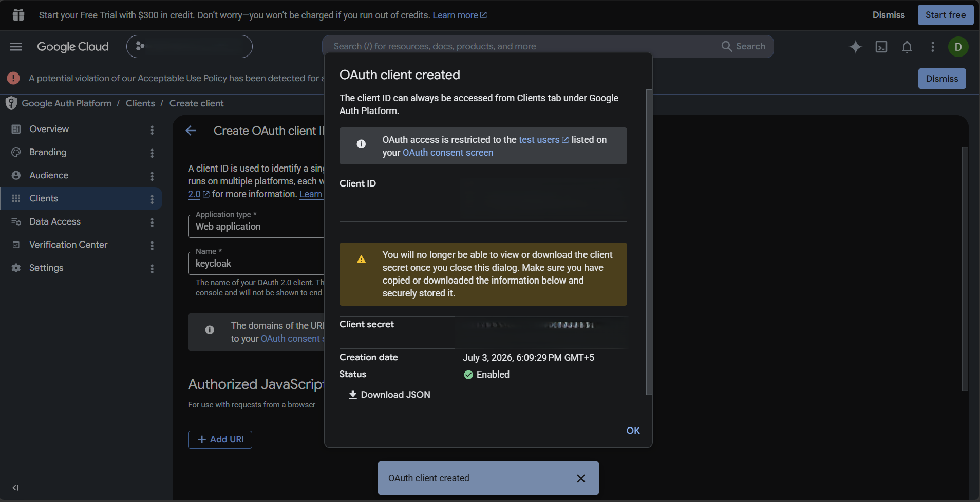 Google Cloud Console popup showing the newly created OAuth client ID and Client Secret with copy buttons next to each value