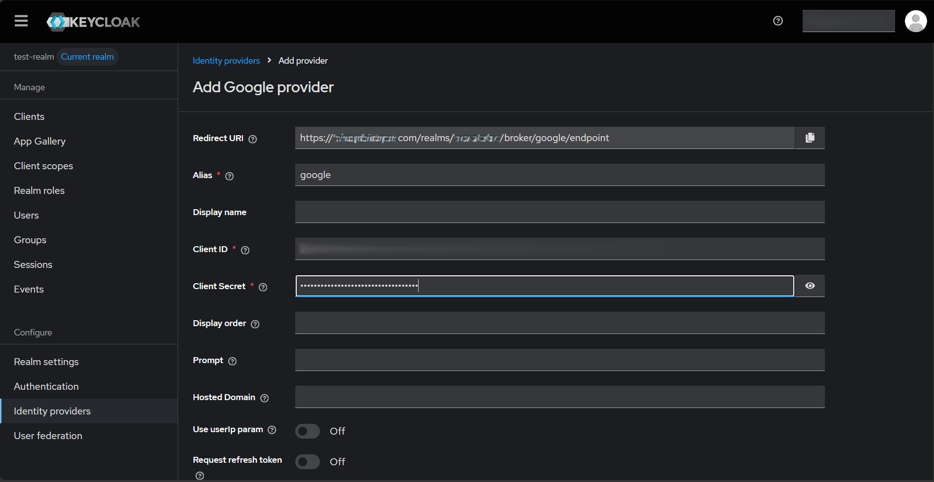 Keycloak admin console Identity Providers page showing the Google provider configuration with Client ID and Client Secret fields filled in and Default Scopes set to openid profile email