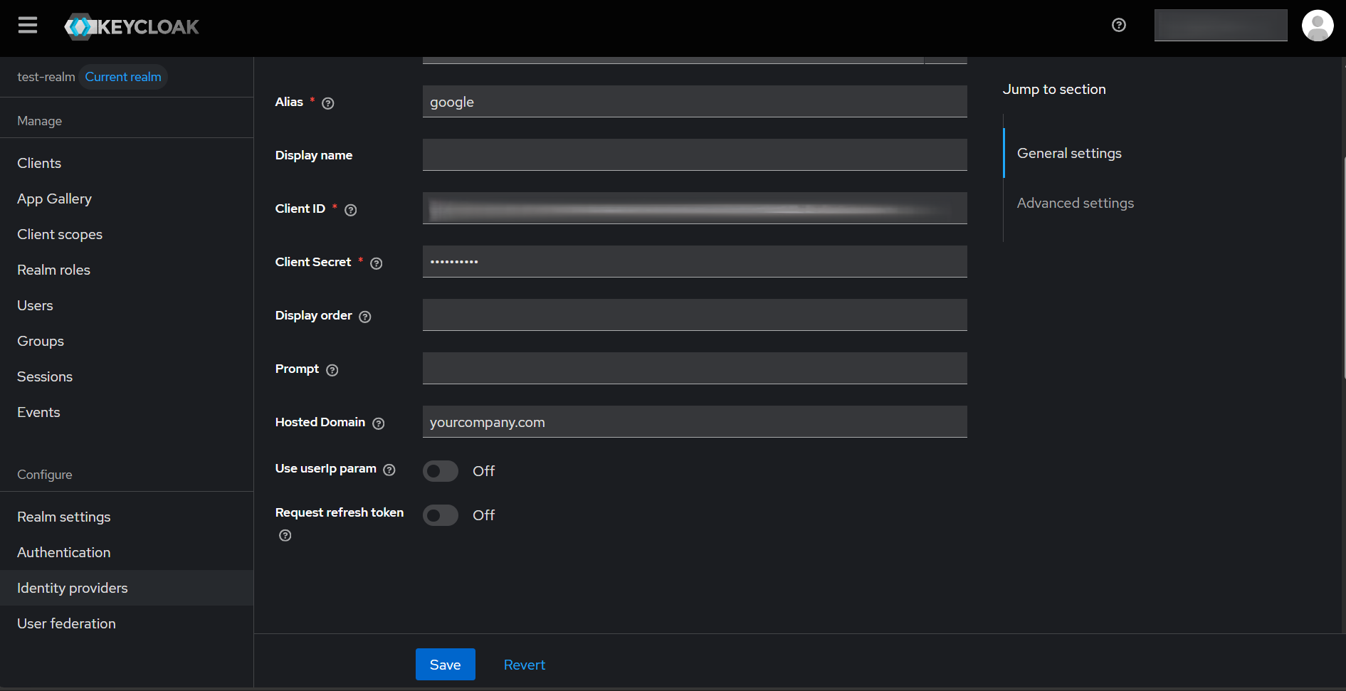 Keycloak Google Identity Provider Advanced settings showing the Hosted Domain field set to yourcompany.com