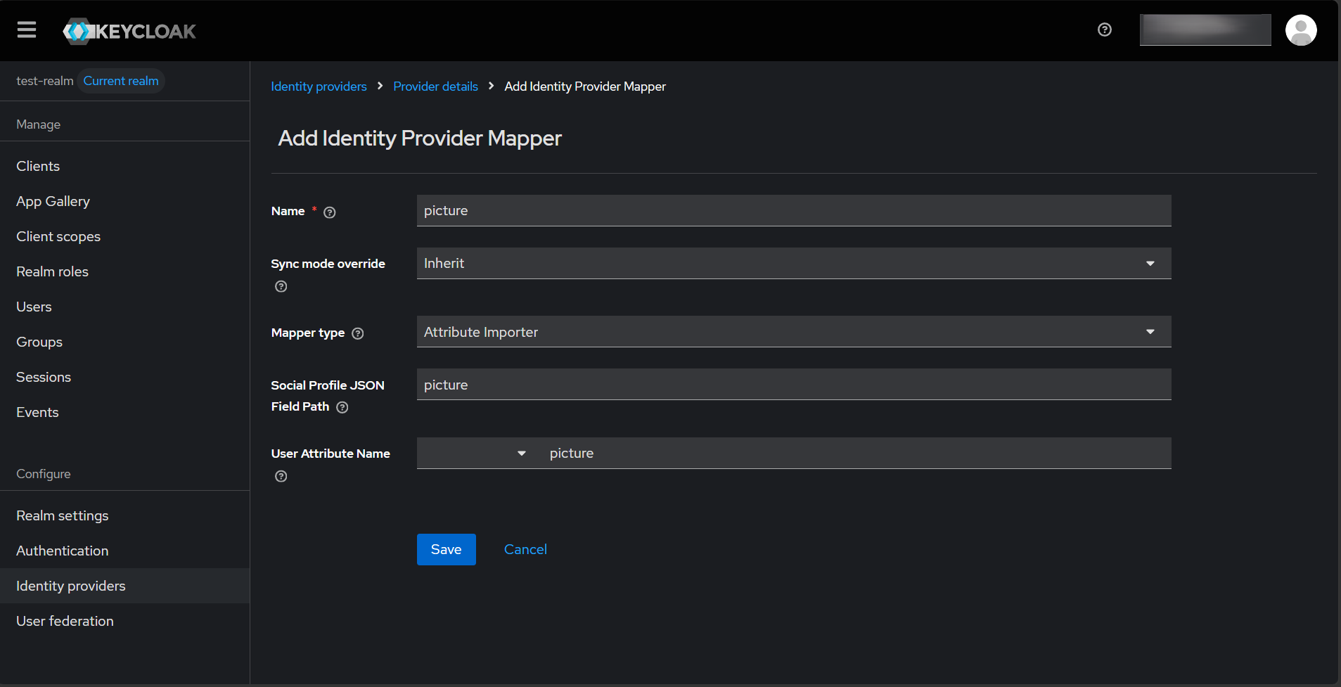 Keycloak Identity Provider Mapper creation form showing Attribute Importer type selected with Claim set to picture and User Attribute Name set to picture