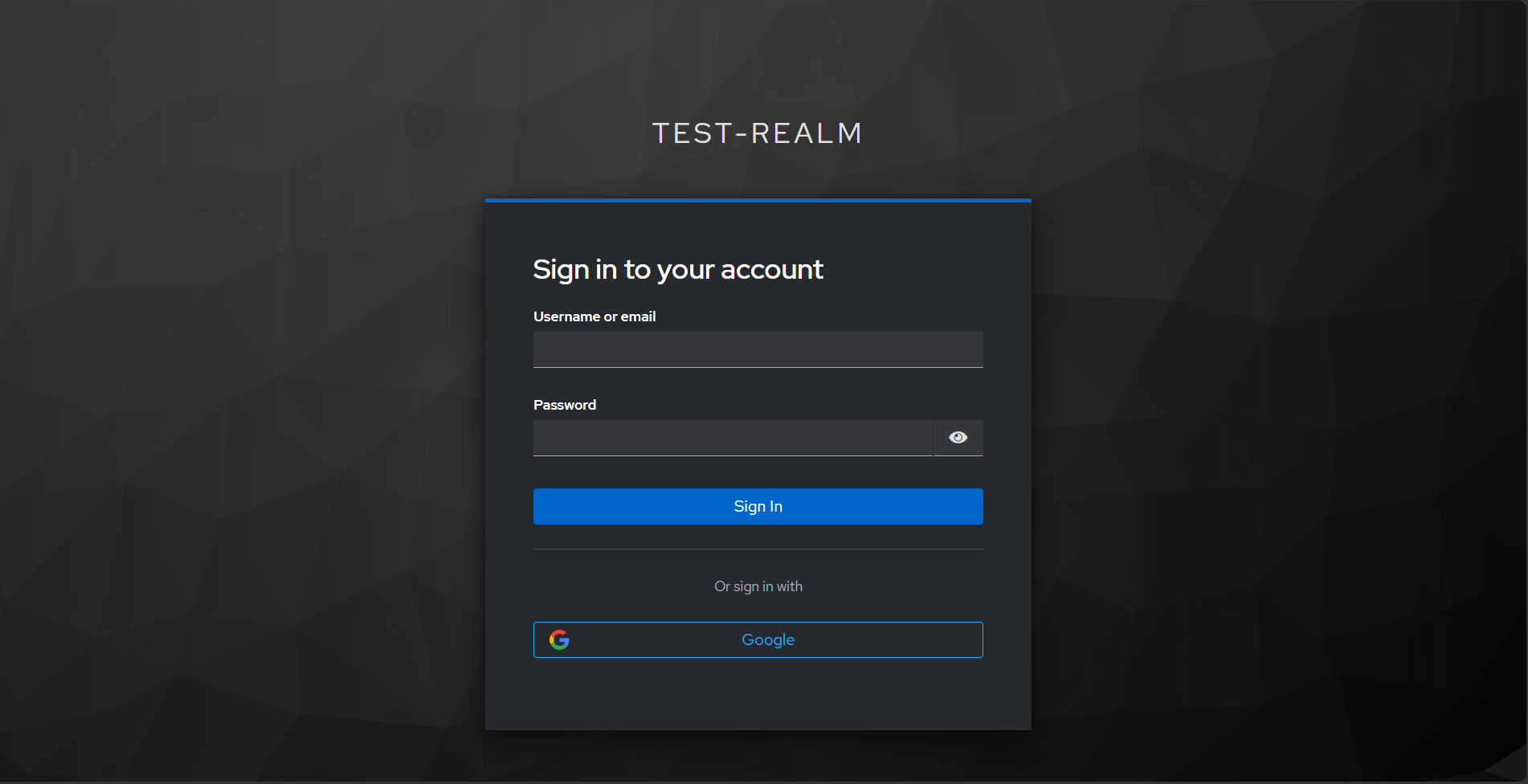 Keycloak login page showing the standard username and password form with a Sign in with Google button below