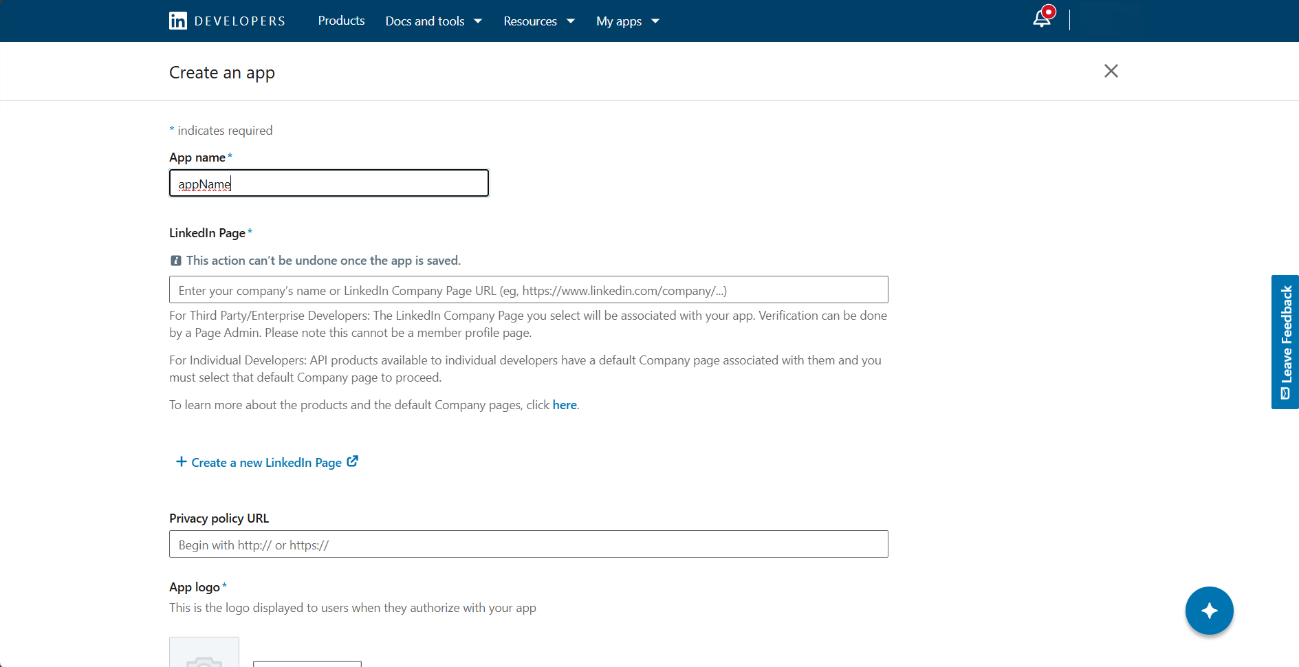 LinkedIn Developer Portal Create app form showing App name field, LinkedIn Page selector, and App logo upload field