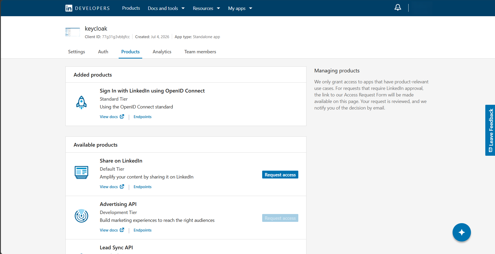 LinkedIn app Products tab showing Sign In with LinkedIn using OpenID Connect with a Request access button