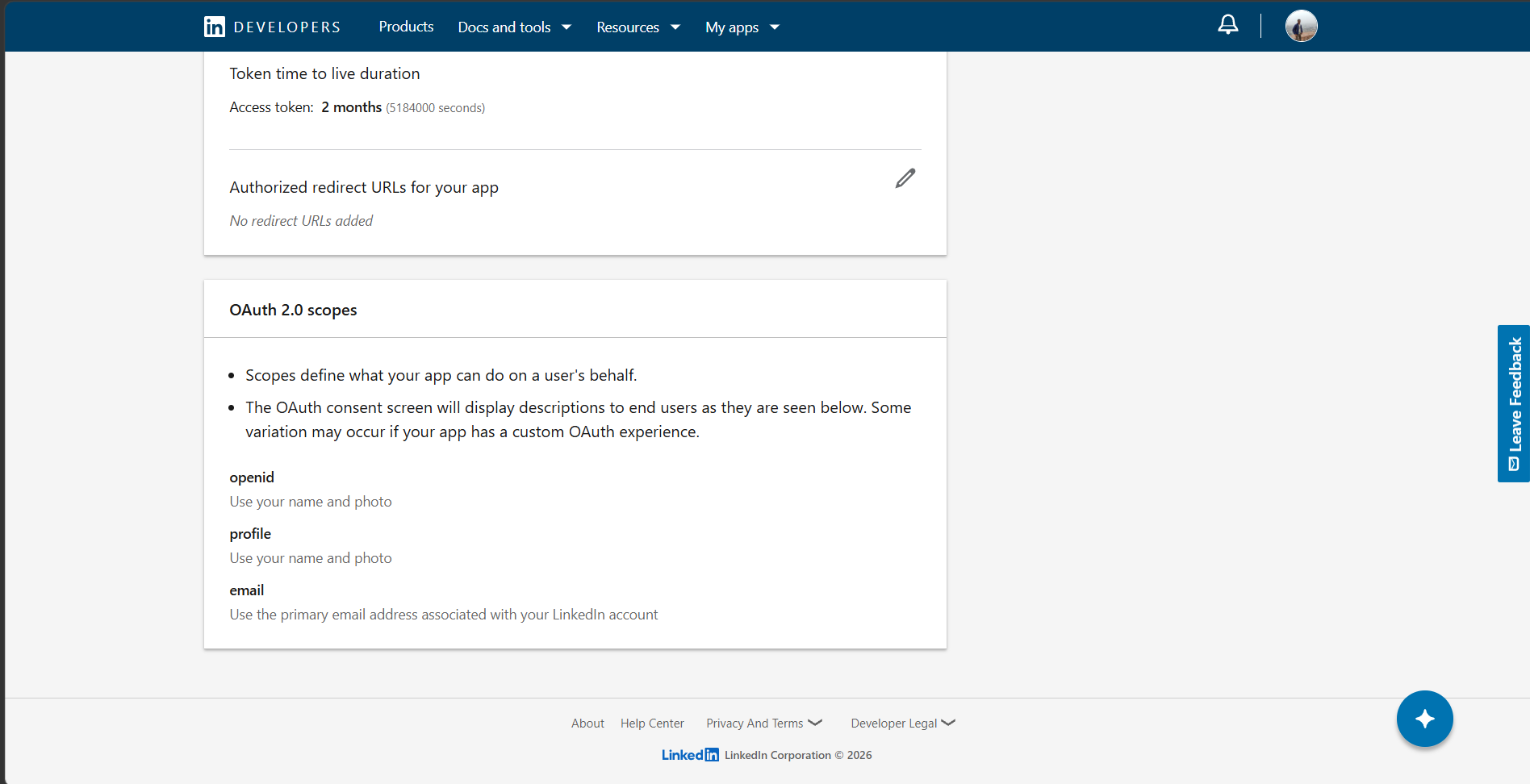 LinkedIn app Auth tab showing the OAuth 2.0 scopes section with openid, profile, and email listed as default scopes from the Sign In with LinkedIn product