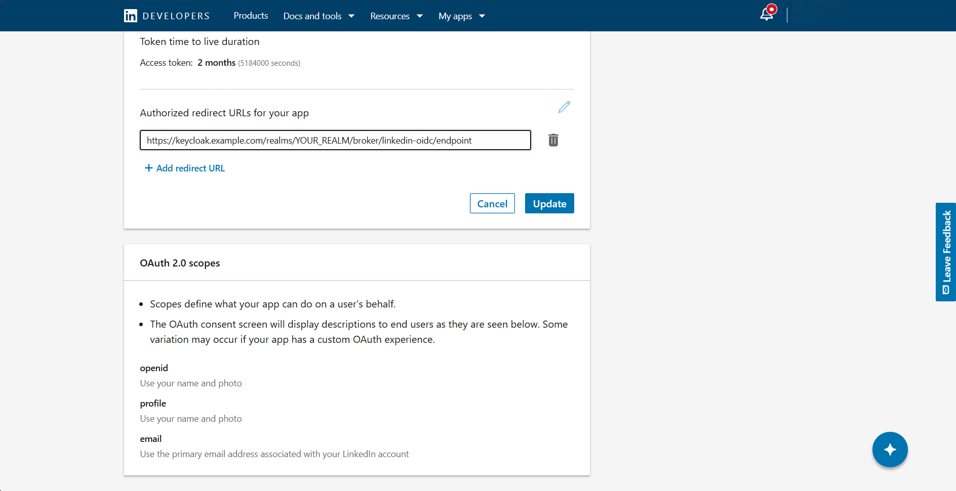 LinkedIn app Auth tab showing the Authorized redirect URLs section with the Keycloak broker endpoint URL added to the list