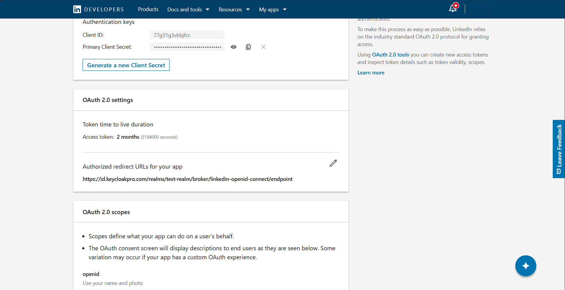 LinkedIn app Auth tab showing the Application credentials section with Client ID displayed and a Client Secret field with a Generate button