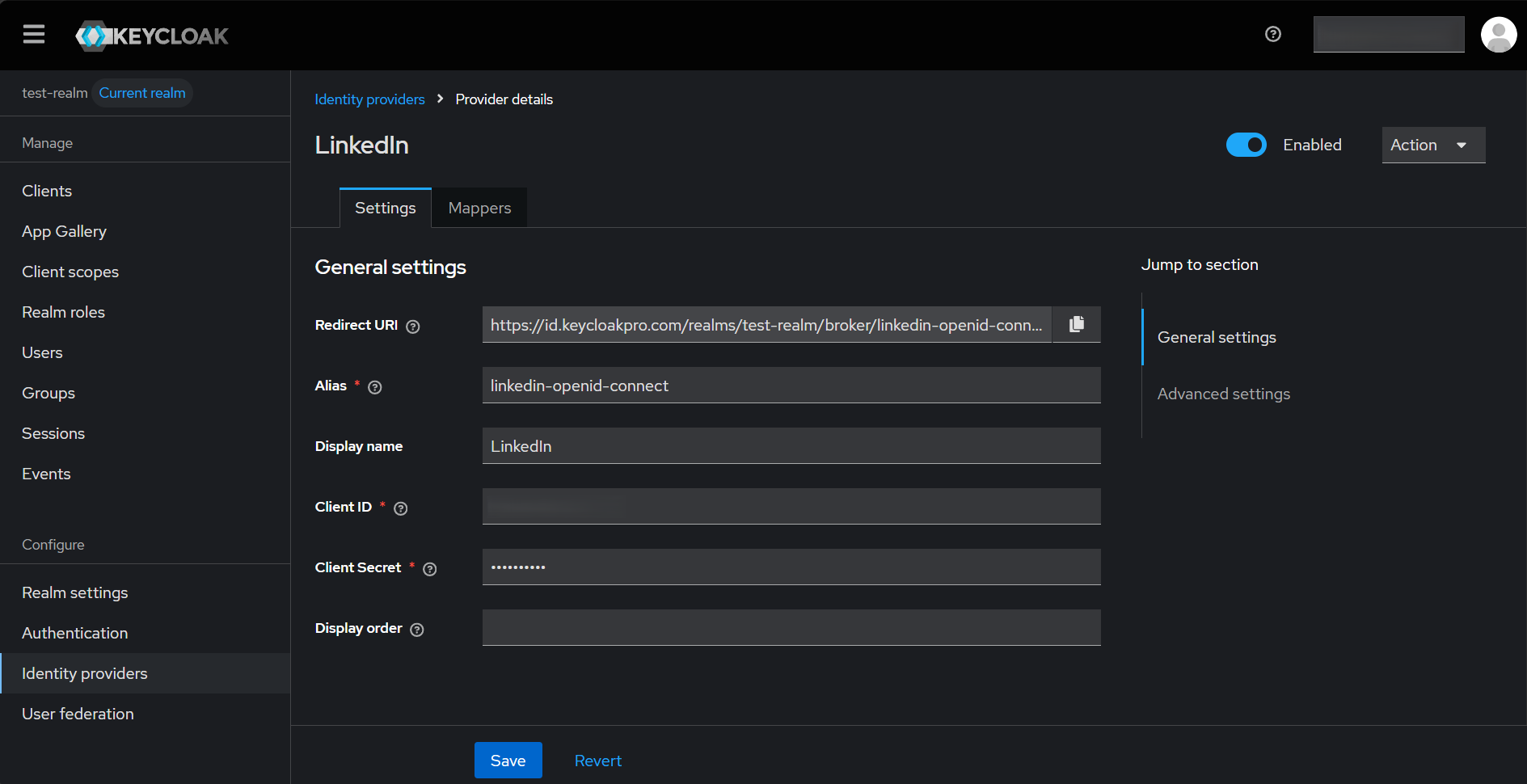 Keycloak admin console Identity Providers showing OpenID Connect v1.0 provider form with Alias set to linkedin-oidc, Display name set to LinkedIn, and the Discovery Endpoint containing the LinkedIn OIDC discovery URL