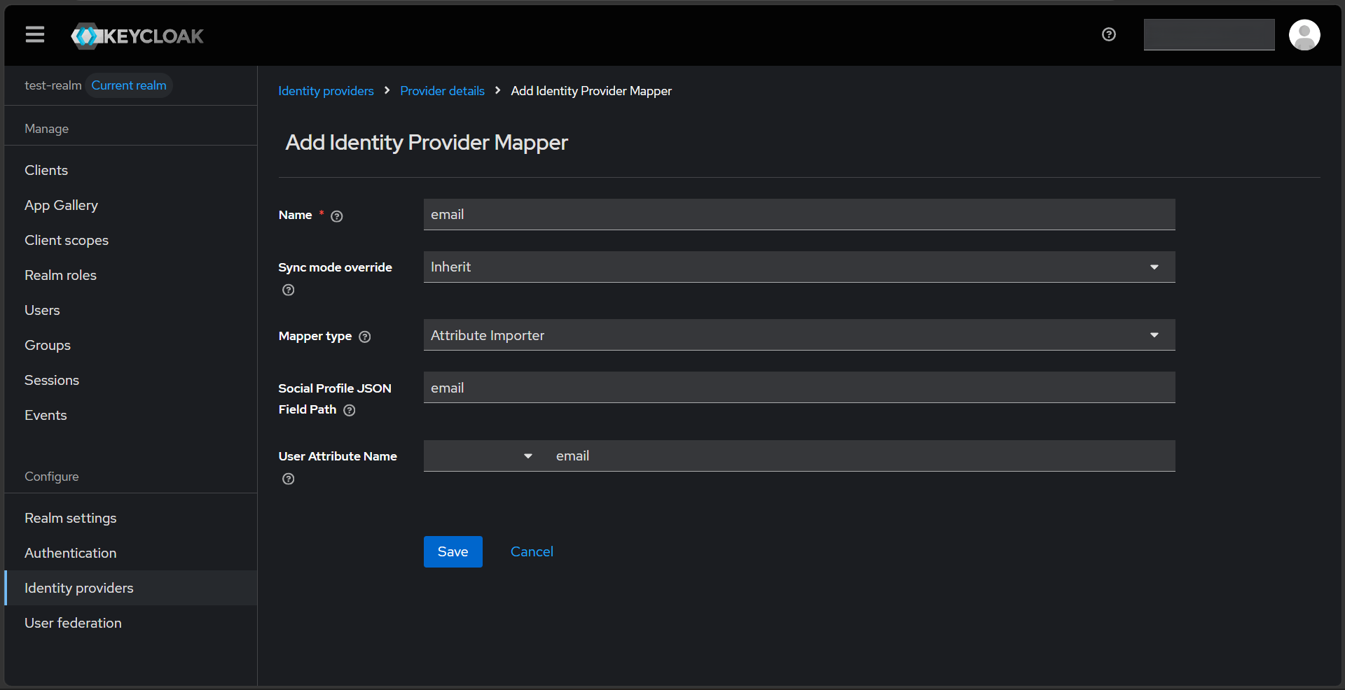 Keycloak Identity Provider Mappers list for the LinkedIn provider showing email, firstName, and lastName attribute importers