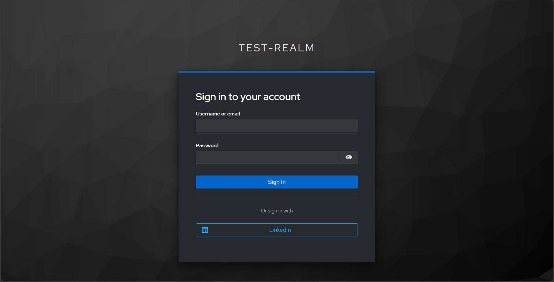 Keycloak login page showing the username/password form with a LinkedIn button below