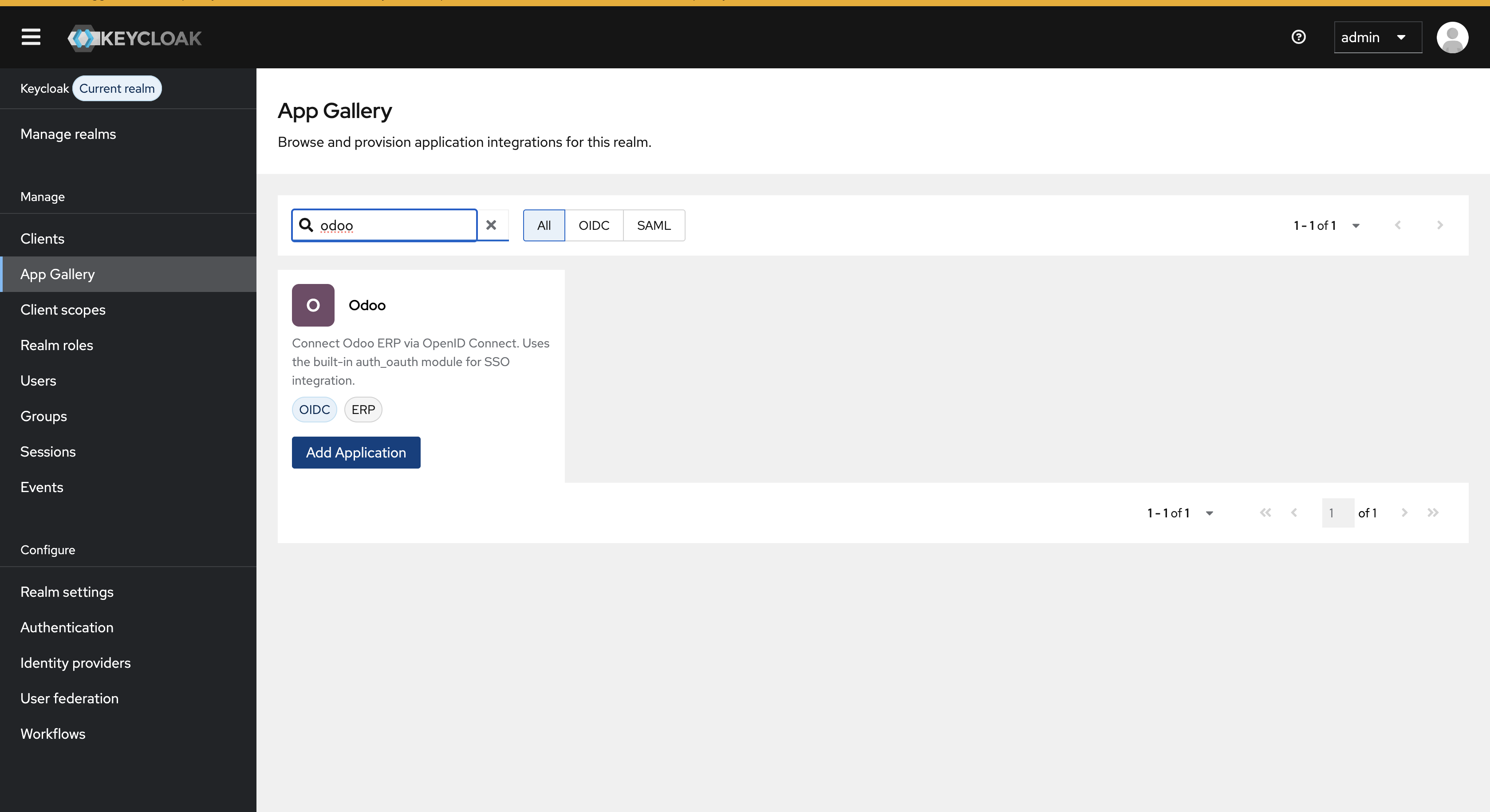 Keycloak admin console: new OIDC client creation dialog showing Client type set to OpenID Connect and Client ID odoo-web
