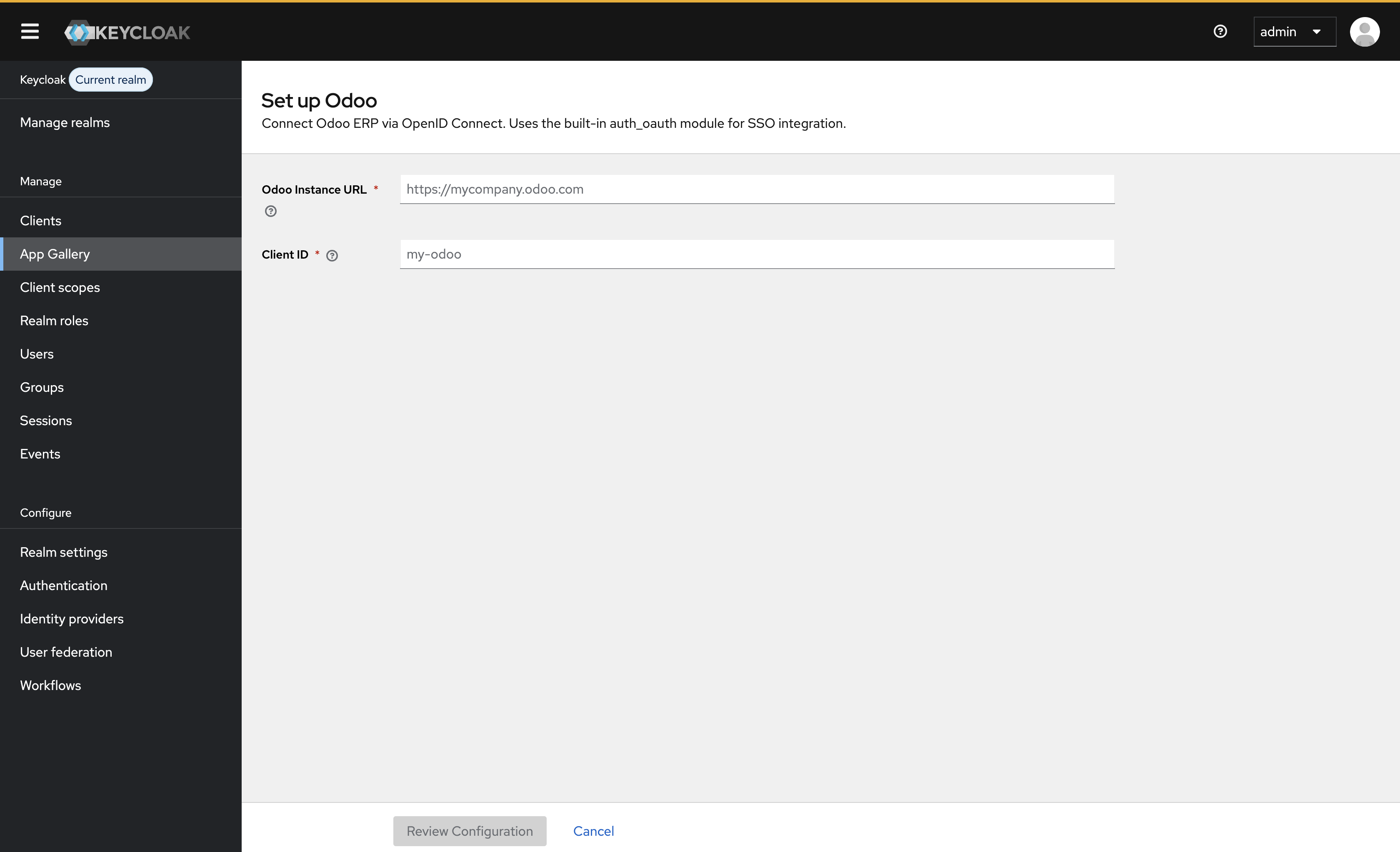 Keycloak admin console: new OIDC client creation dialog showing Client type set to OpenID Connect and Client ID odoo-web