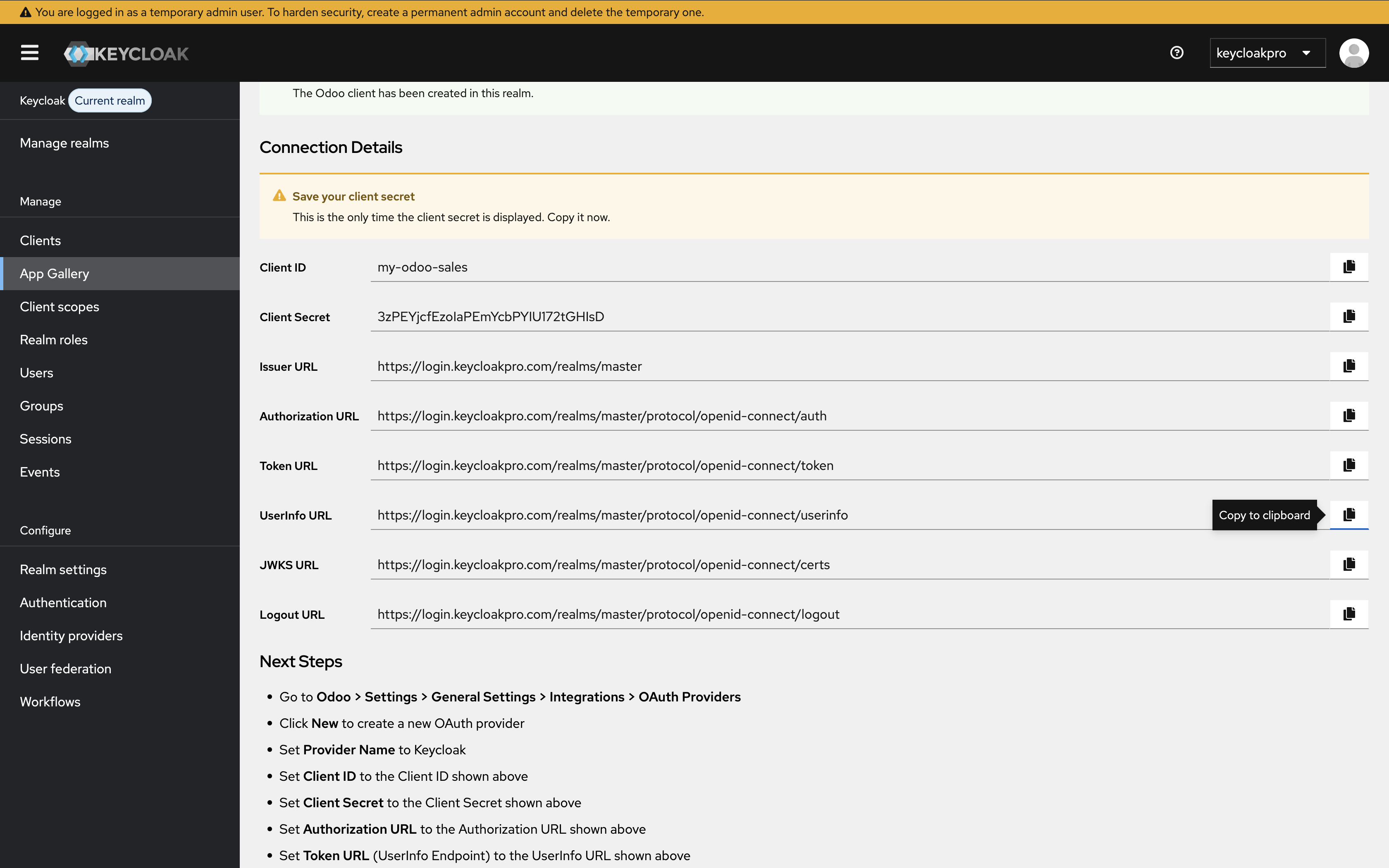 Keycloak admin console: new OIDC client creation dialog showing Client type set to OpenID Connect and Client ID odoo-web
