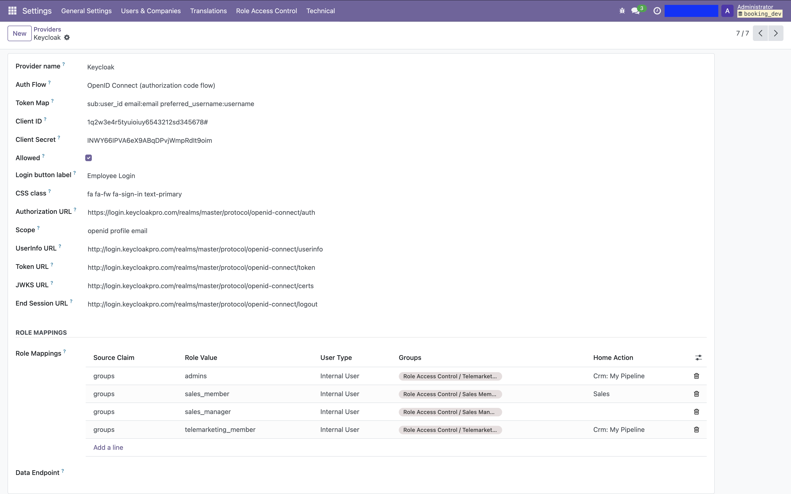 Odoo Settings: OAuth Providers list page showing the New button to add a provider