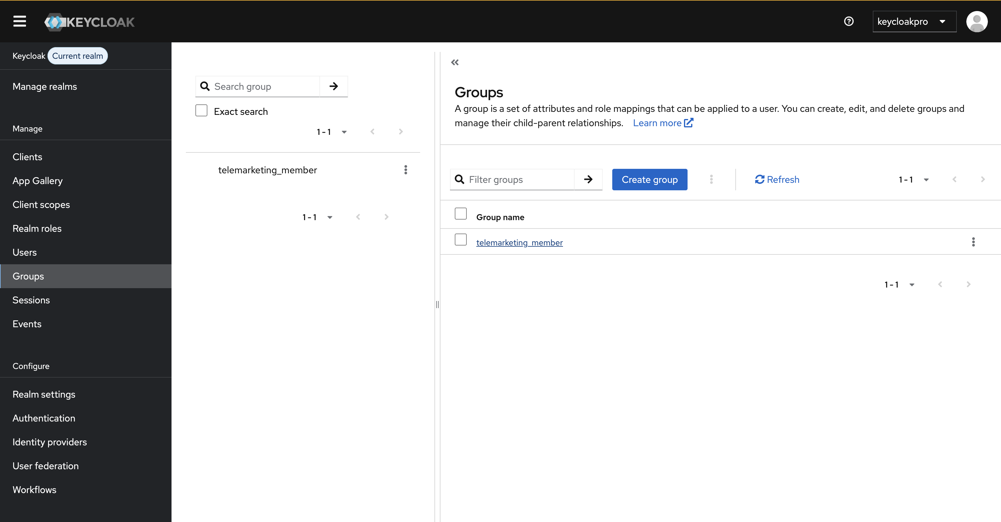Keycloak Groups showing telemarketing_member group mapped to telemarketing_member groups (Custom group used to manage permissions in Odoo)