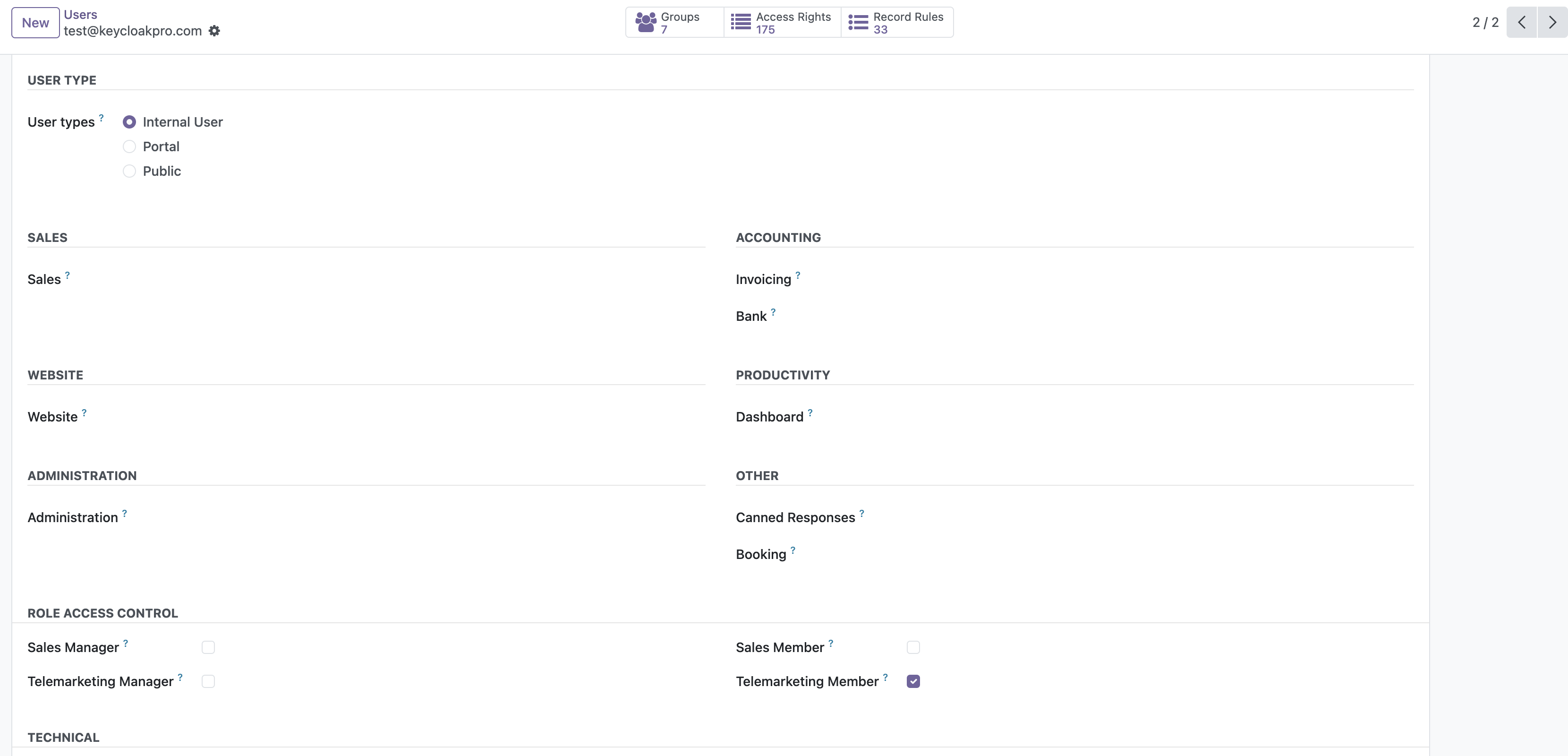Odoo backend dashboard after successful Keycloak SSO login, showing the user profile linked to the Keycloak identity